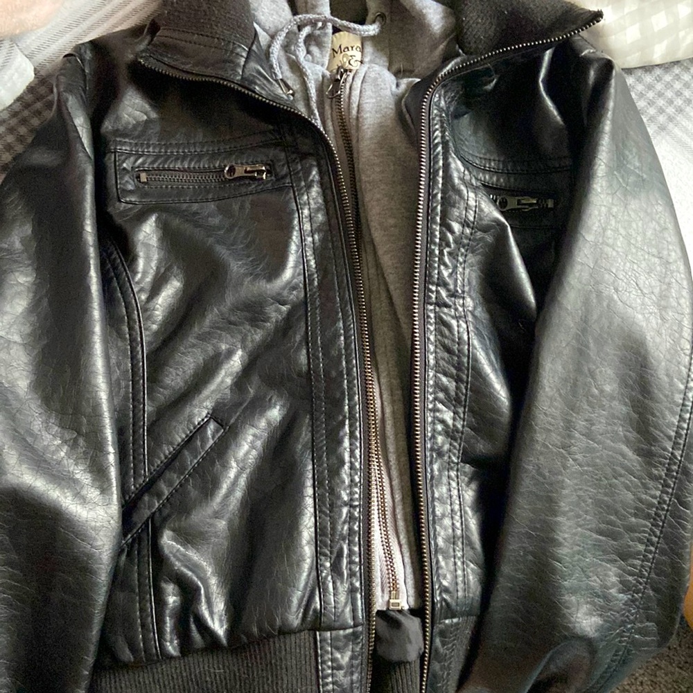 Leather jacket with gray hood